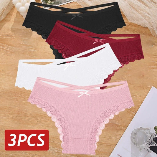3PCS/Set Women Cotton Panties Sexy Low Rise Lace Brazilian Panties Hollow Out Soft Breathable Lingerie Female Bow Underwear S-XL - Physical intimacy