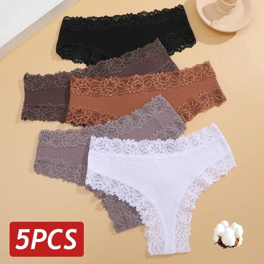 5PCS/Set Women Lace Seamless Cotton Panties Sexy Brazilian Pants Ribbed Breathable Girls Underwear Soft Plus Size Lingerie S-XL - Physical intimacy
