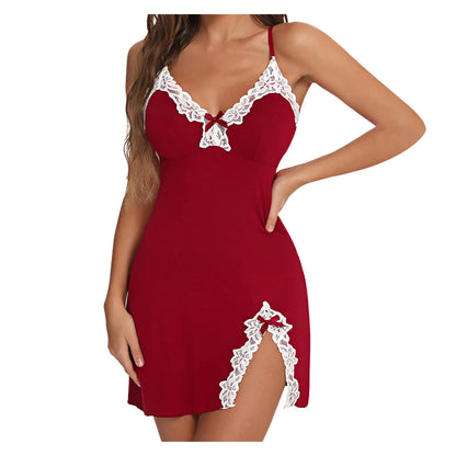 Sexy Night Gowns Lace Trim Sleep Dress V Neck Babydoll Chemise Dress Side Split Nighty