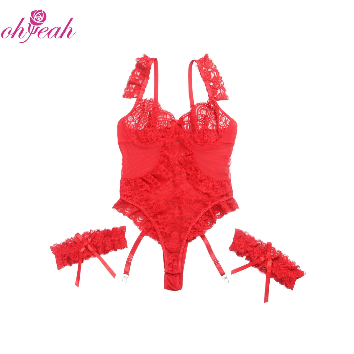 Plus Size Sheer Mesh Teddy Bodysuit for Women Sexy Lace Lingerie Set with Adjustable Garter Belt Curvy Nightwear Romantic Outfit - Physical intimacy