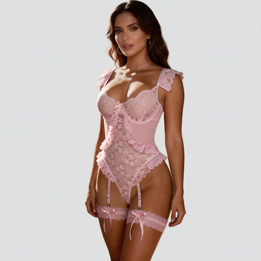Plus Size Sheer Mesh Teddy Bodysuit for Women Sexy Lace Lingerie Set with Adjustable Garter Belt Curvy Nightwear Romantic Outfit - Physical intimacy