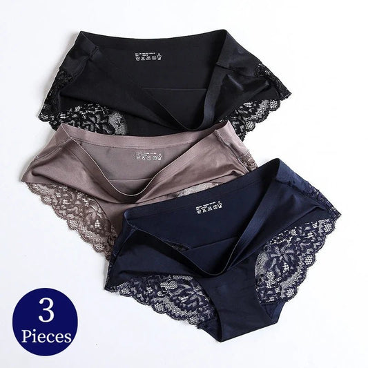 TrowBridge 3PCS/Set Women's Panties Exquisite Lace Underwear Sexy Lingerie Big Size Sweet Silk Satin Briefs Soft Cozy Underpants - Physical intimacy