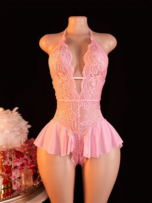 Women's Lace Bodysuit Halter Neck Deep V Backless Floral Sheer One Piece Lingerie with Ruffle Skirt for Nightwear - Physical intimacy